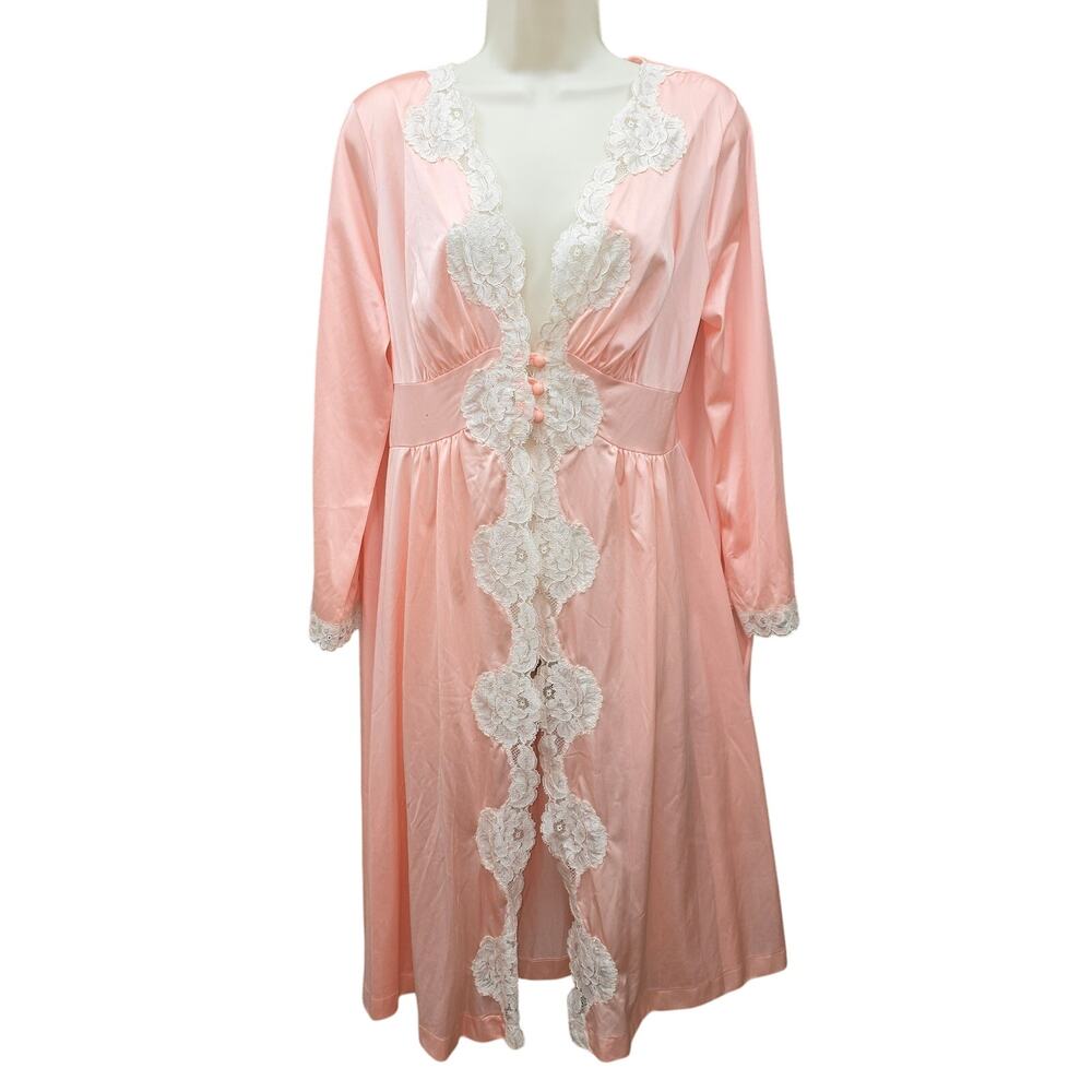 VTG Komar Baby Doll Nightgown Robe Peach Ivory Lace Long Sleeve Coquette Sexy